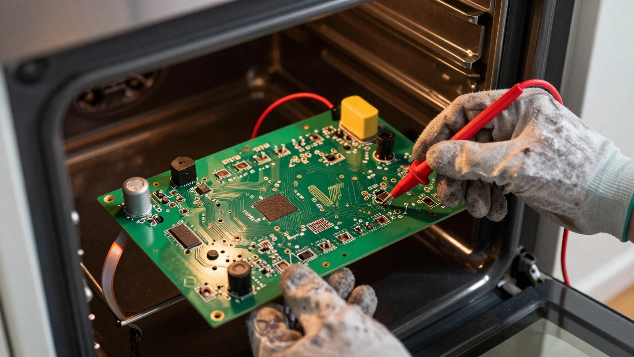 Technician testing an oven control board with a multimeter
