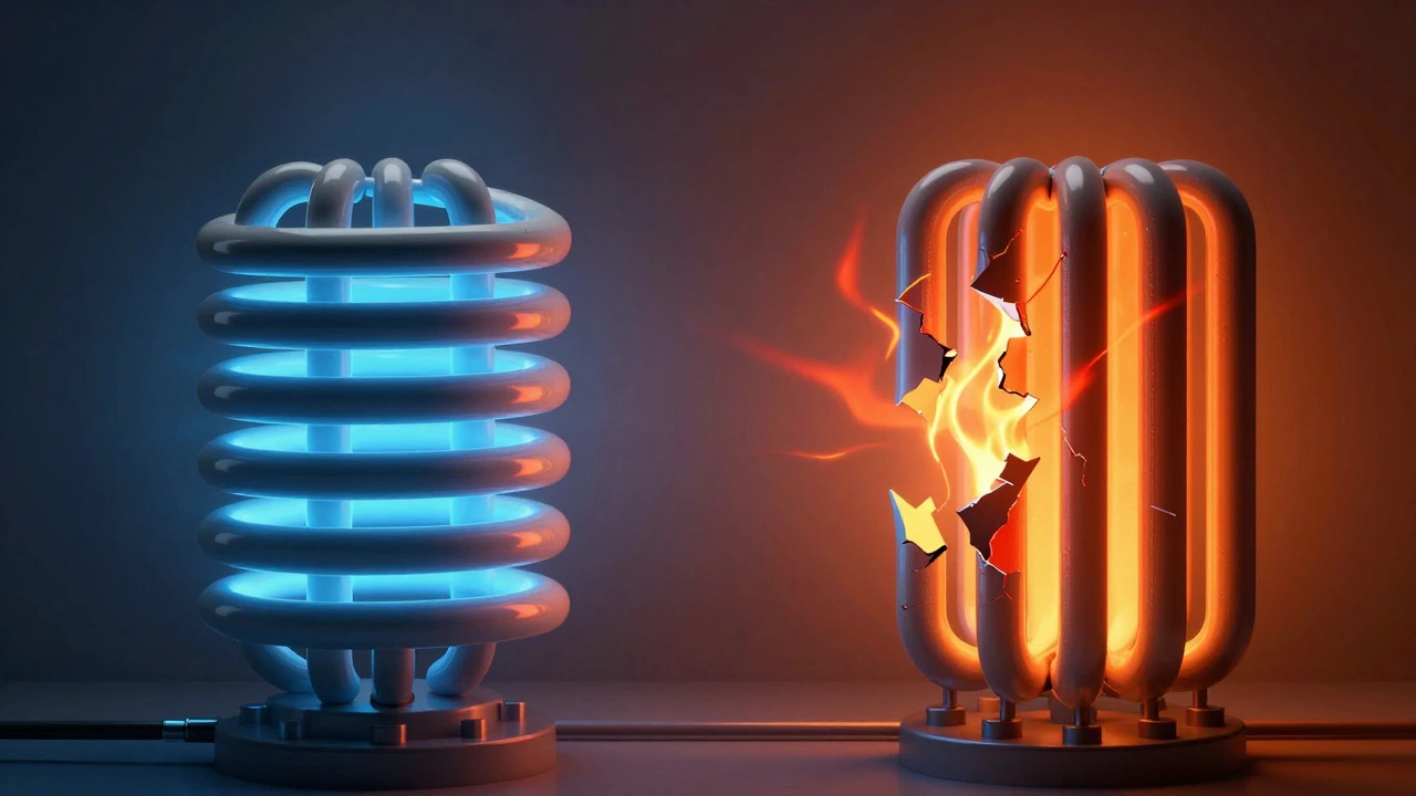 Artistic comparison of a healthy glowing coil versus a failing one