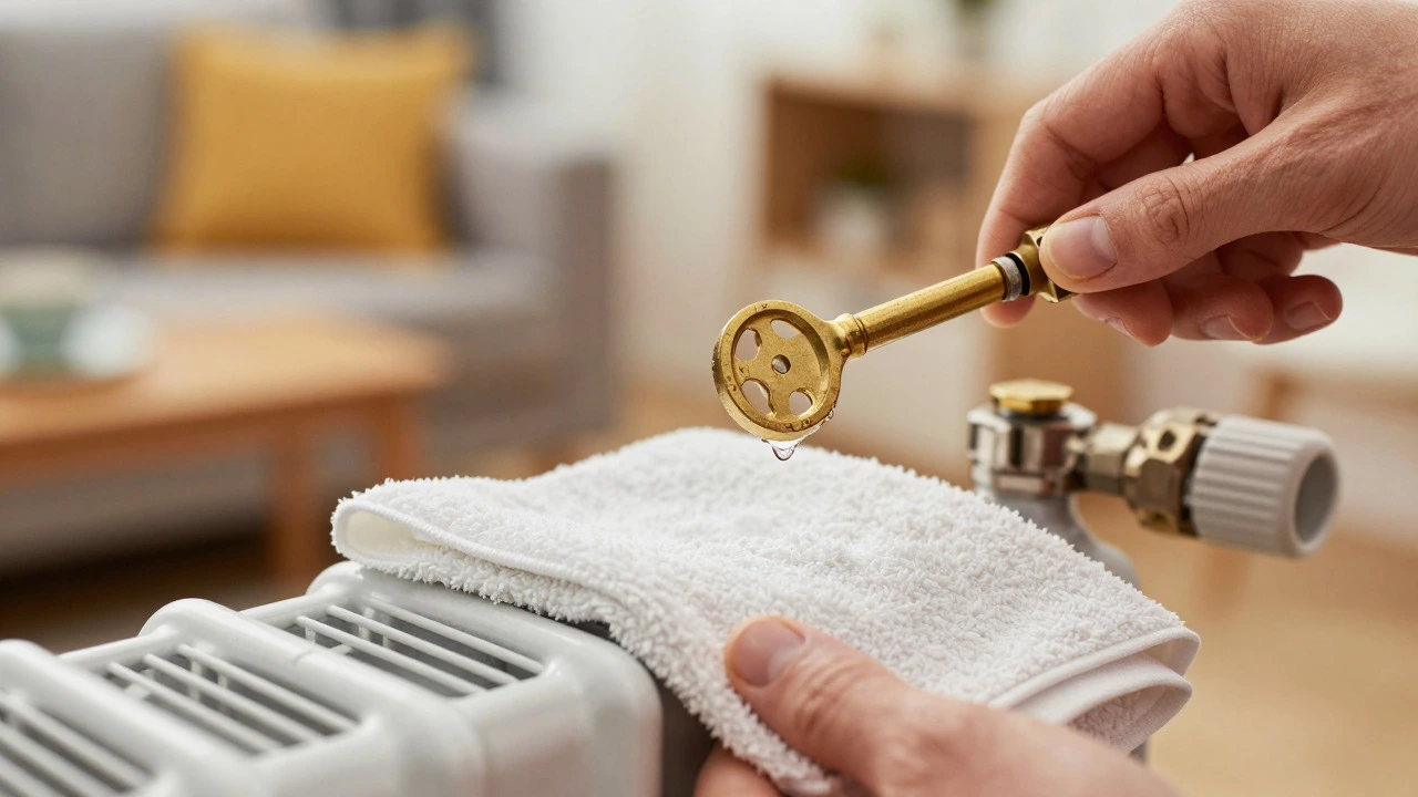 Close-up of hands bleeding a radiator with a key and towel underneath.