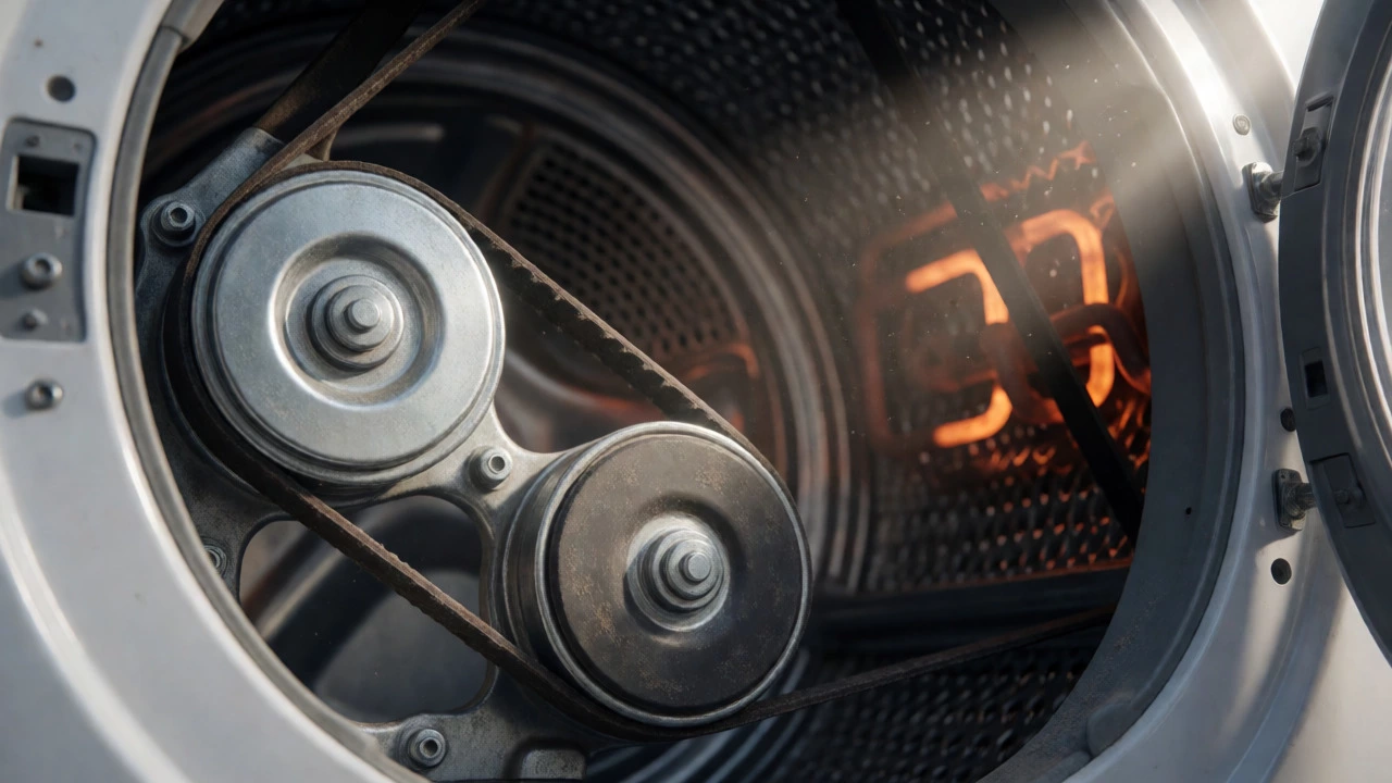 Close-up view of worn dryer drive belt and glowing heating element inside drum