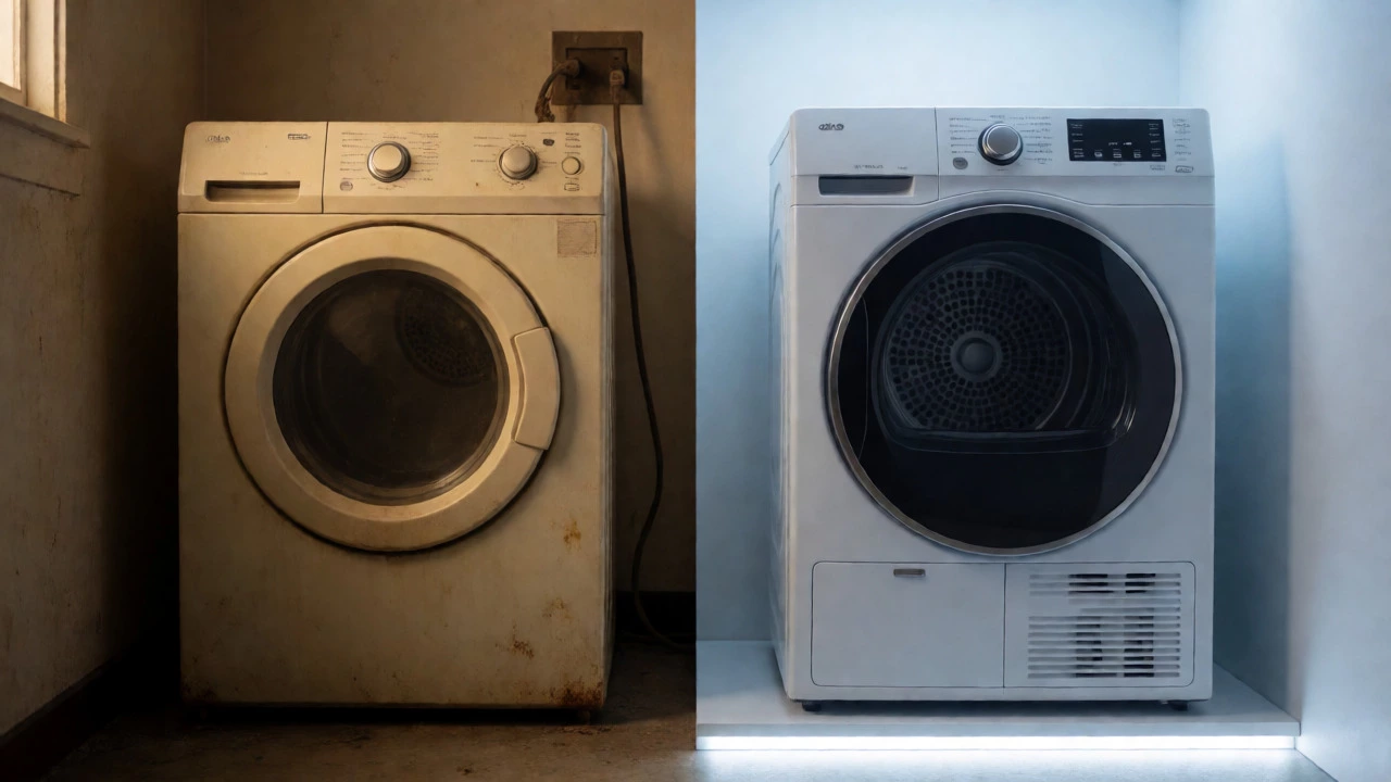Contrast between an aged rusty dryer and a sleek modern heat pump model