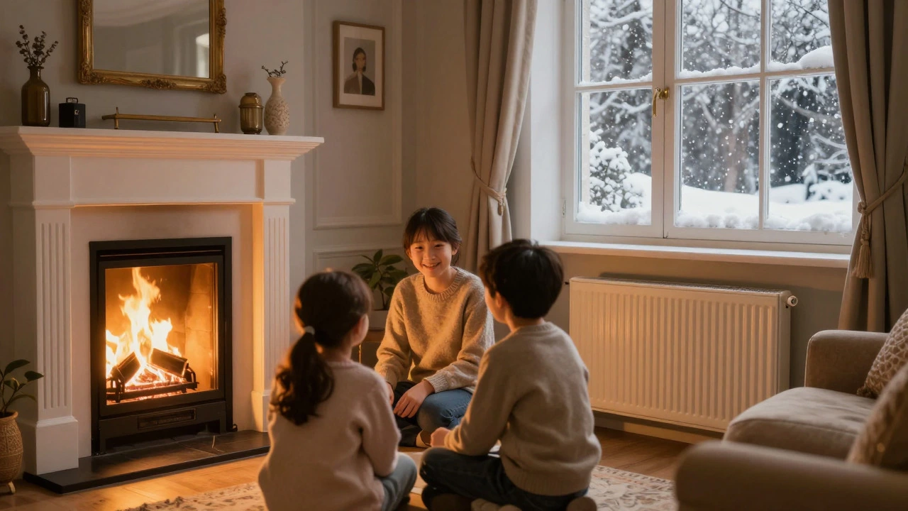 Cozy living room with warm radiator and snowy view outside