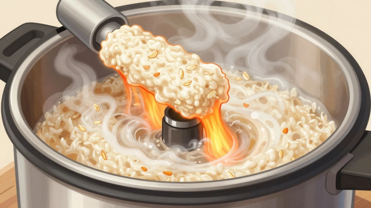 Cross-section showing starchy foam clogging the steam vent pipe