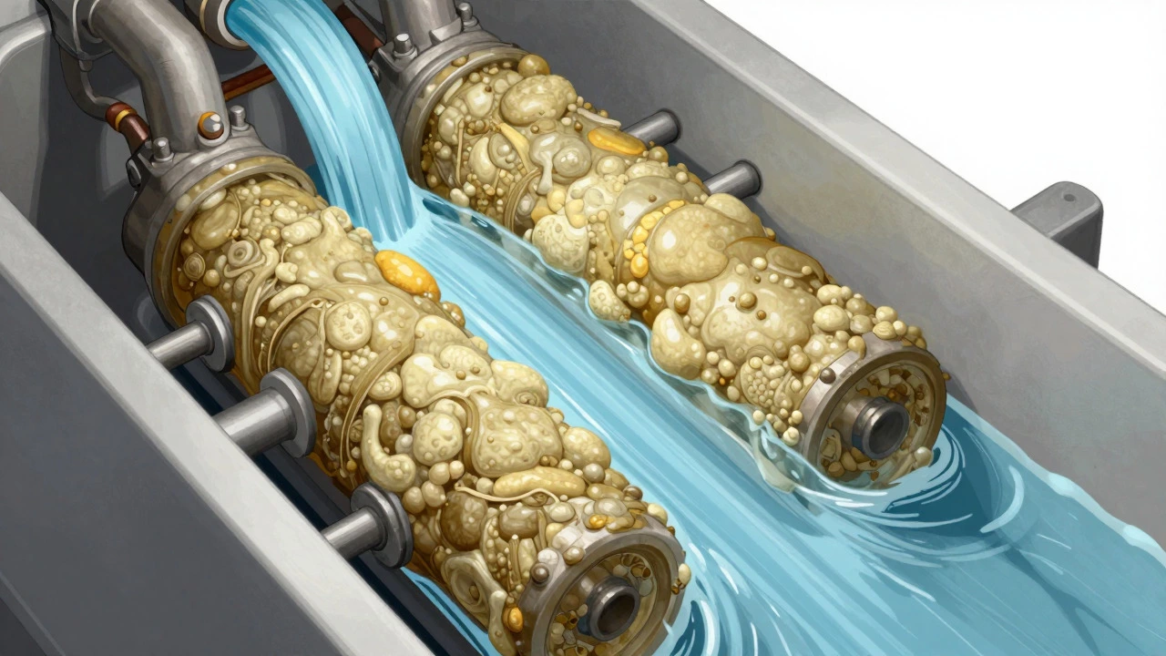 Cutaway view of limescale buildup inside a boiler heat exchanger