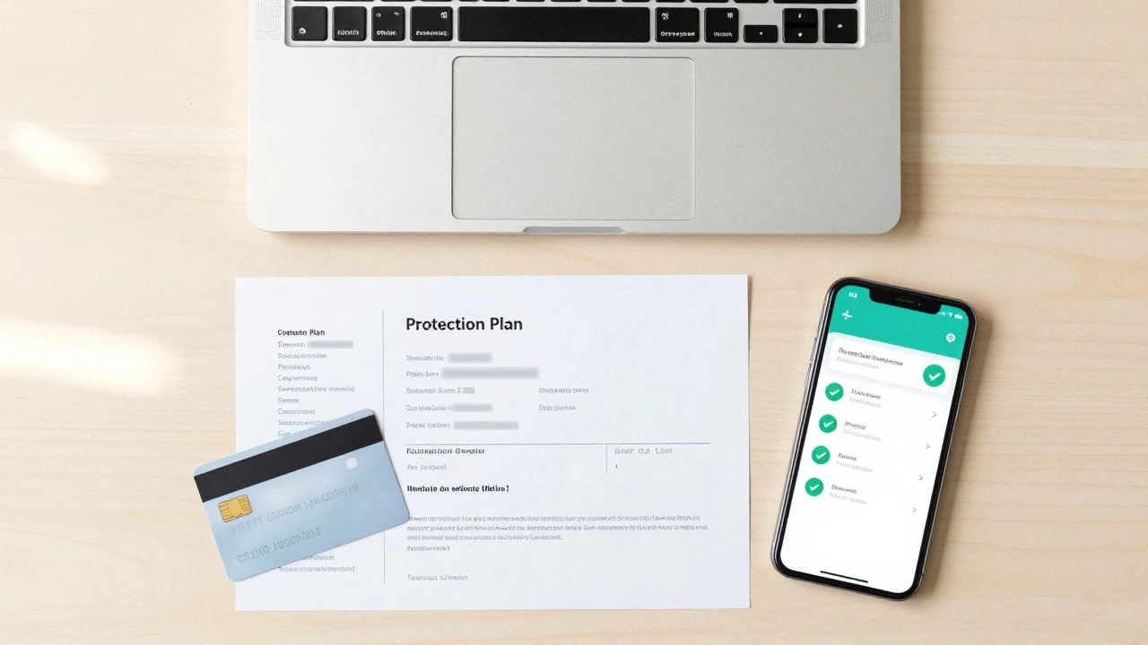 Flat lay of laptop, receipt, and phone showing warranty verification on a desk