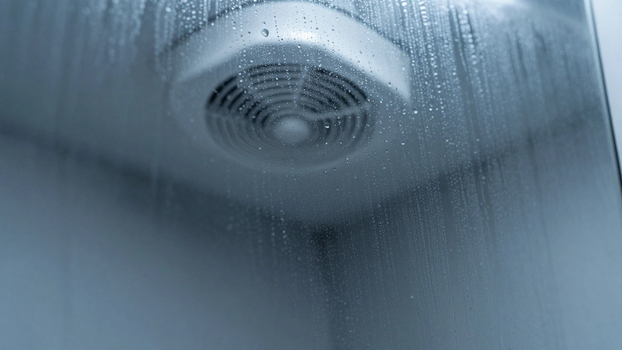 Foggy bathroom mirror showing condensation near a ceiling fan