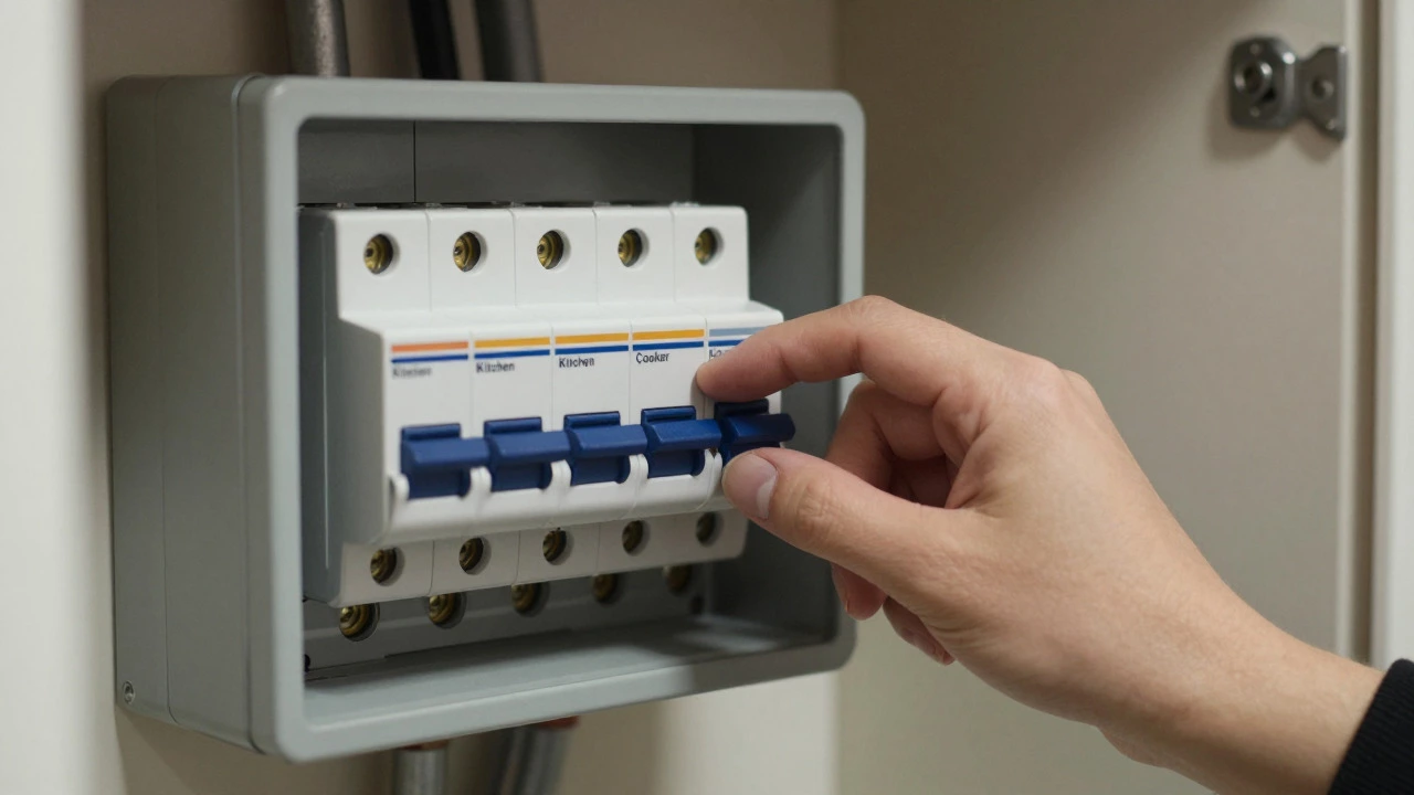 Hand switching off kitchen circuit breaker in fuse box for reset
