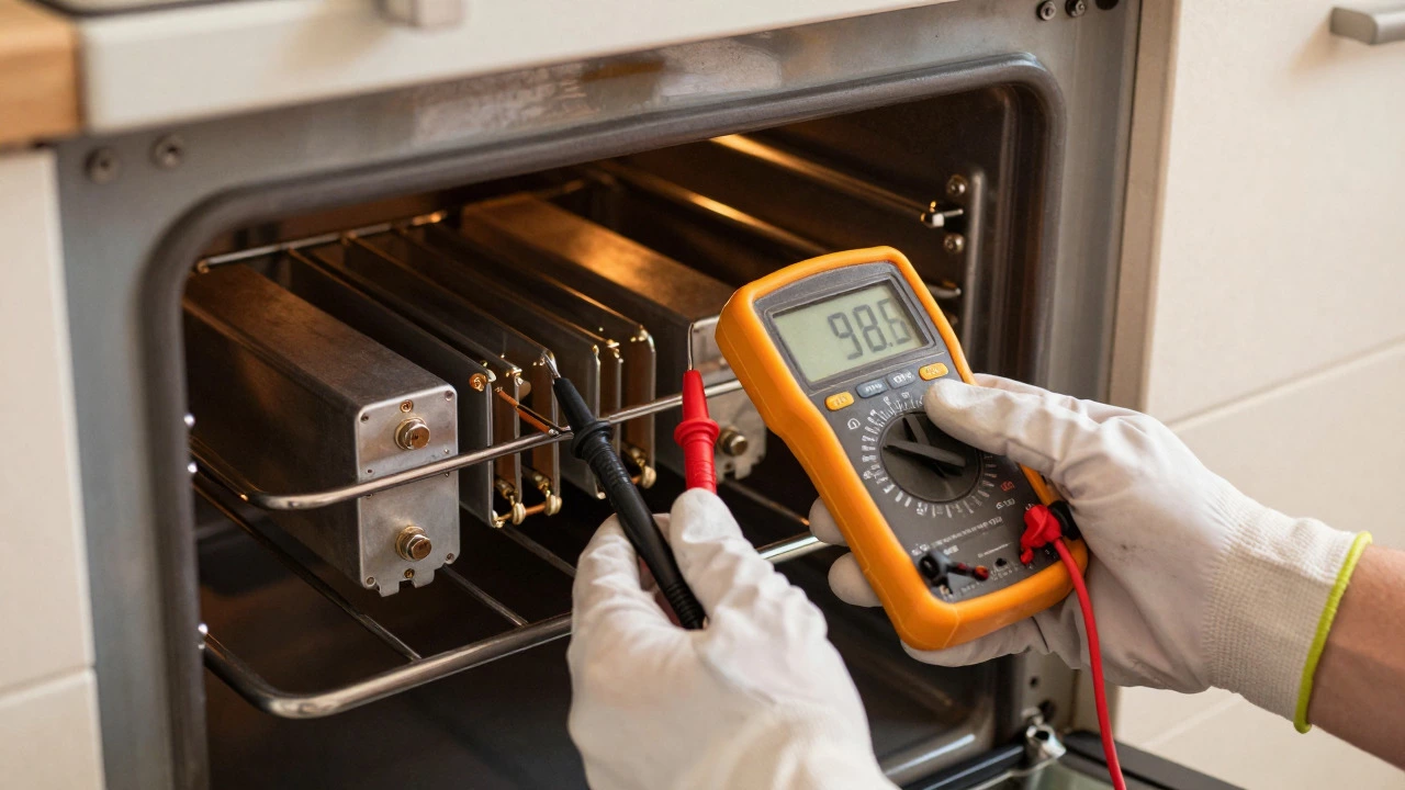Hands using a multimeter to test an oven element's resistance