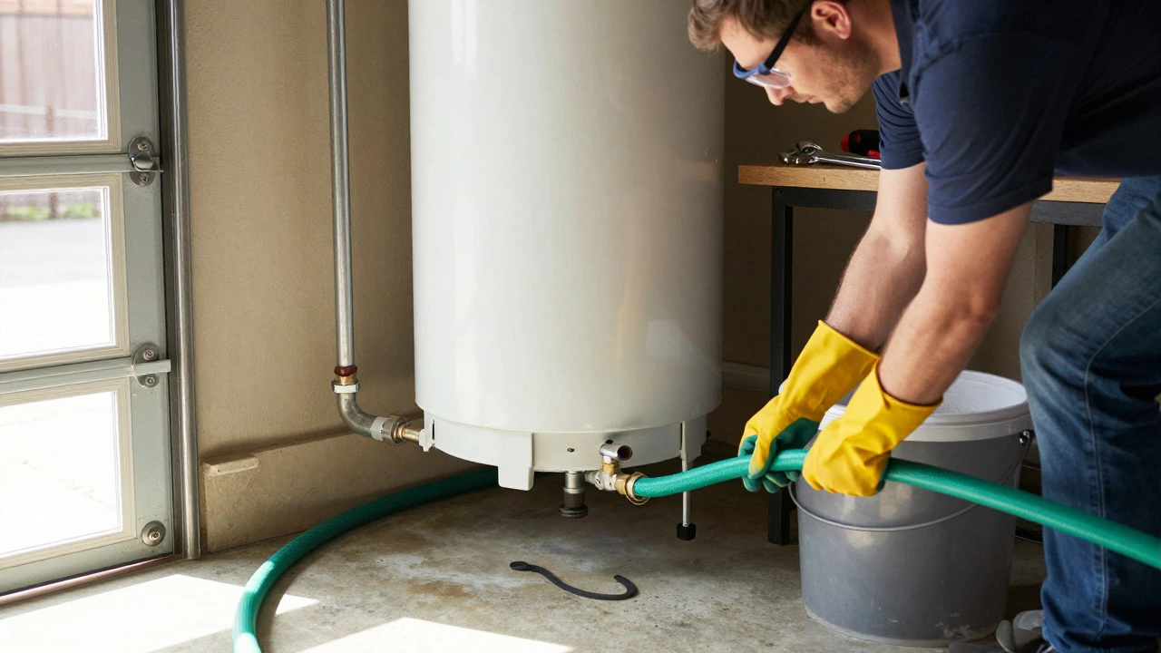 Homeowner in a garage connecting a hose to a water heater drain valve