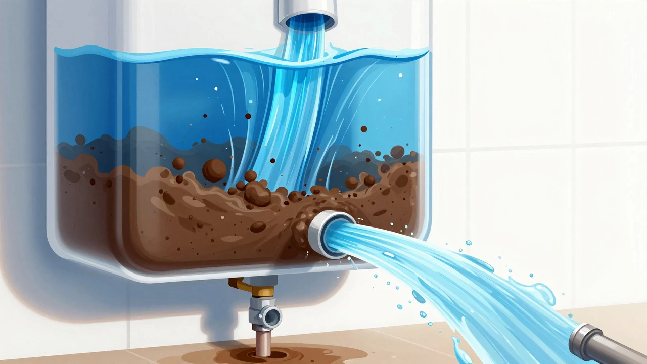 Illustration of clear water flushing sediment out of a water heater tank