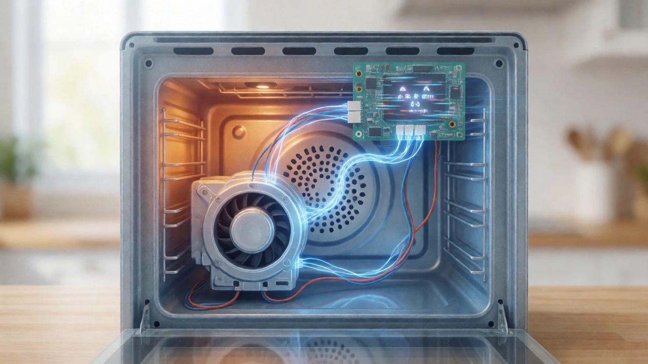 Internal view of a faulty convection oven fan and control board