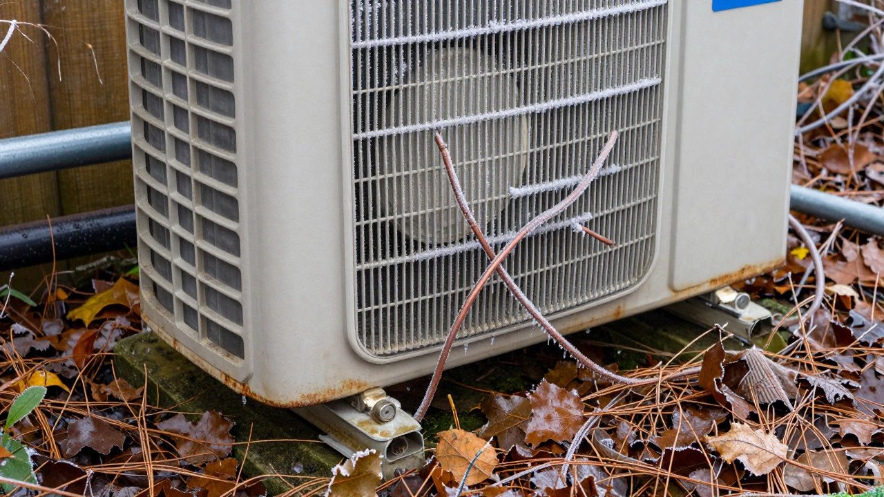 Outdoor heat pump unit covered in leaves and ice in a winter garden