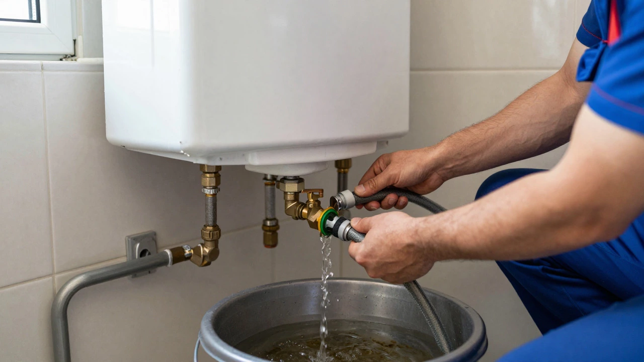 Plumber draining dirty water from a water heater using a hose