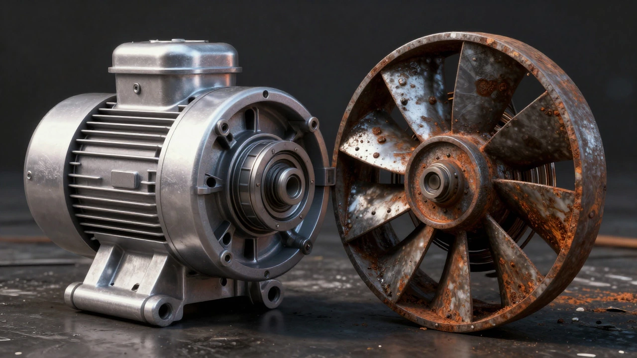 Split view of clean versus corroded extractor fan internal parts