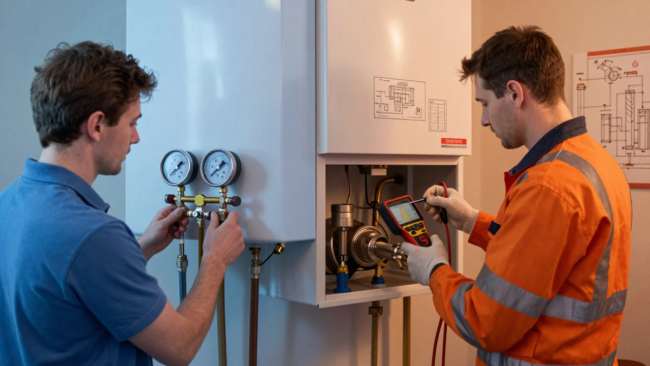 Split view of homeowner checking pressure and engineer analyzing gas emissions.