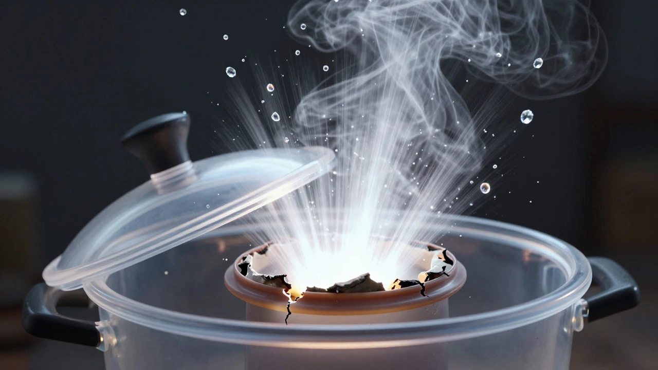 Steam violently escaping from a cracked pressure cooker gasket seal