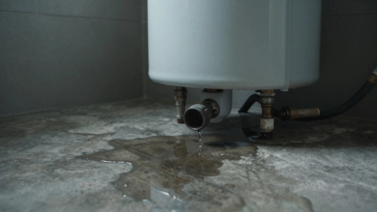 Water leaking from the base of a water heater onto the floor