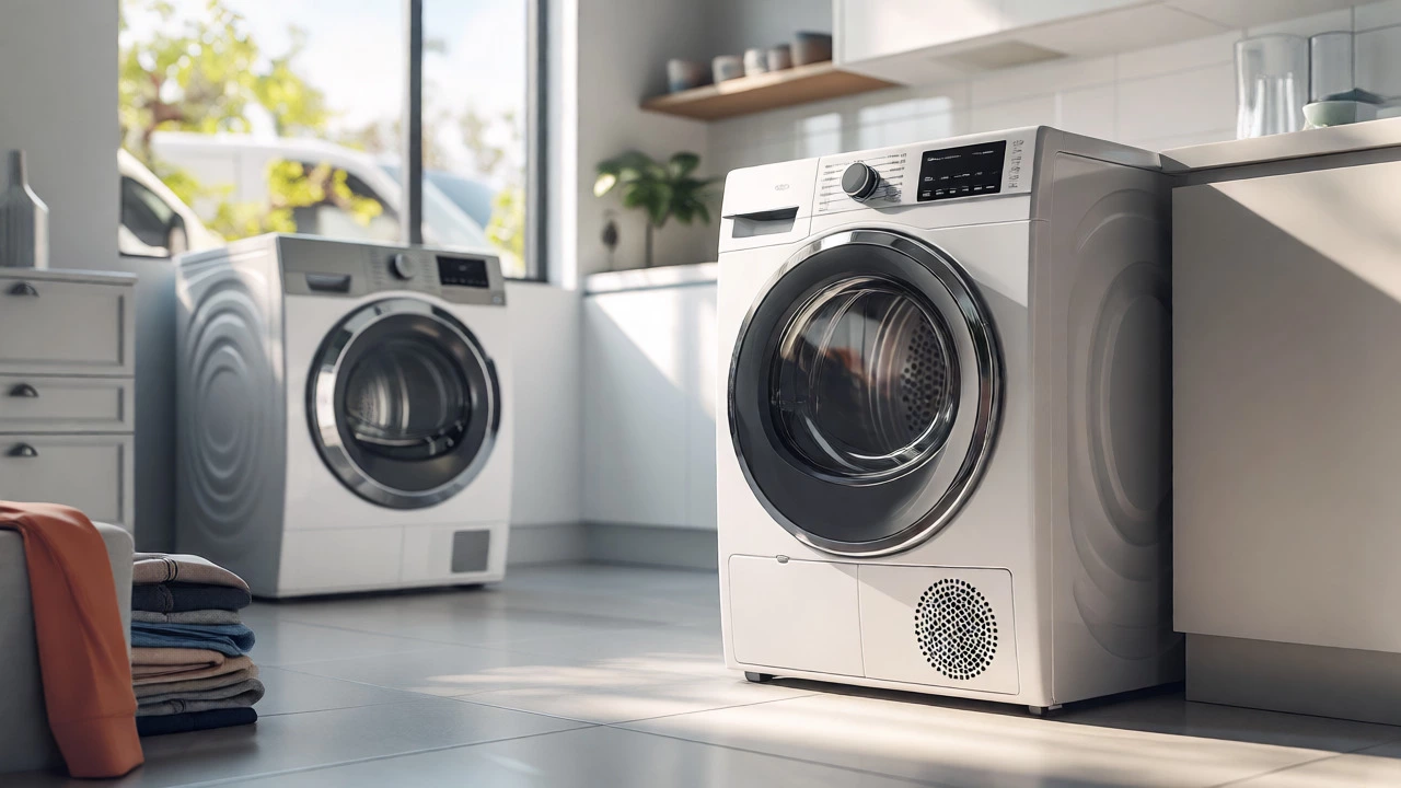 A sleek modern heat pump dryer in a bright, clean laundry space.