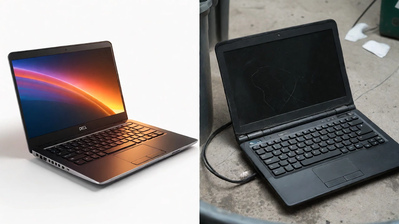 A split view comparing a refurbished business laptop ready for use against a broken consumer laptop in a bin.