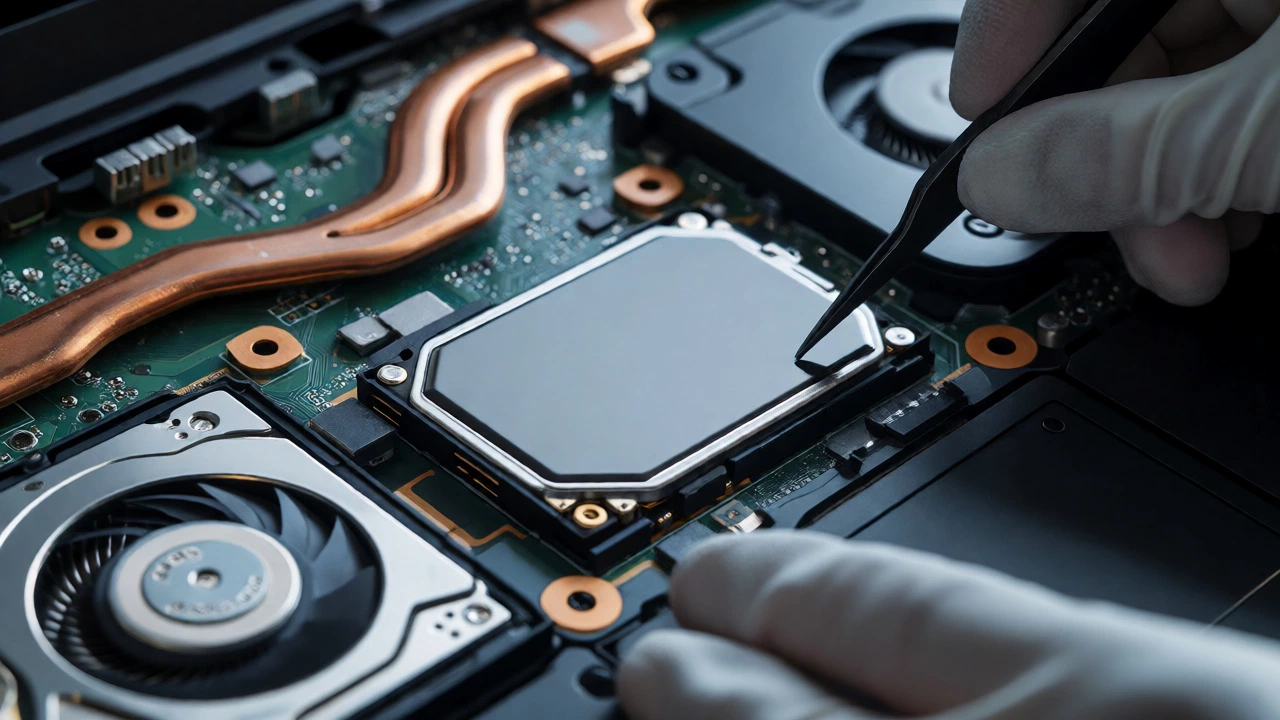 A technician installing a new solid-state drive into a laptop chassis, replacing the old mechanical hard drive.