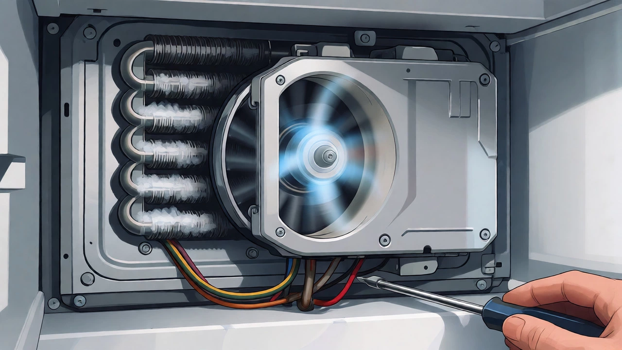 Close-up of a refrigerator's internal evaporator fan and frost-covered coils during repair.