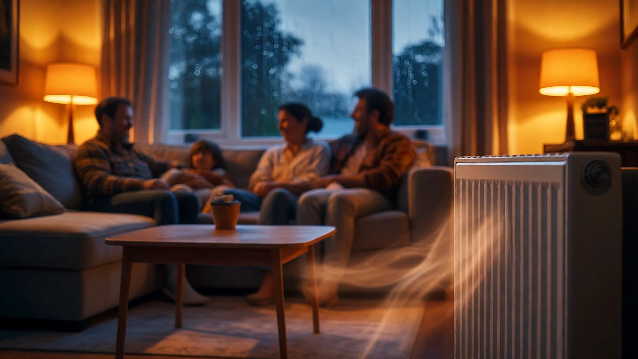 Cozy living room with warm radiators during a rainy night.
