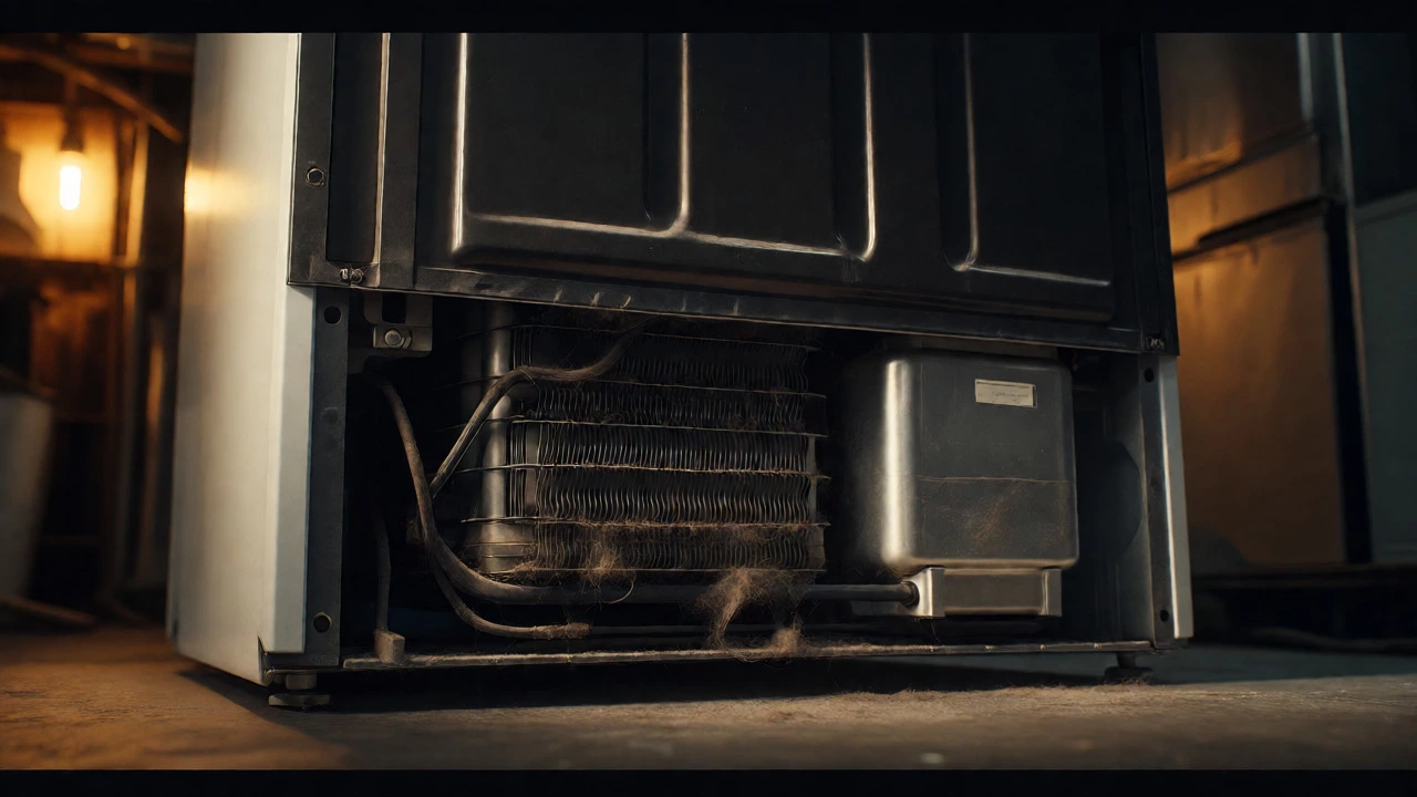 Dusty condenser coils and compressor visible on the back of a refrigerator in a utility room.