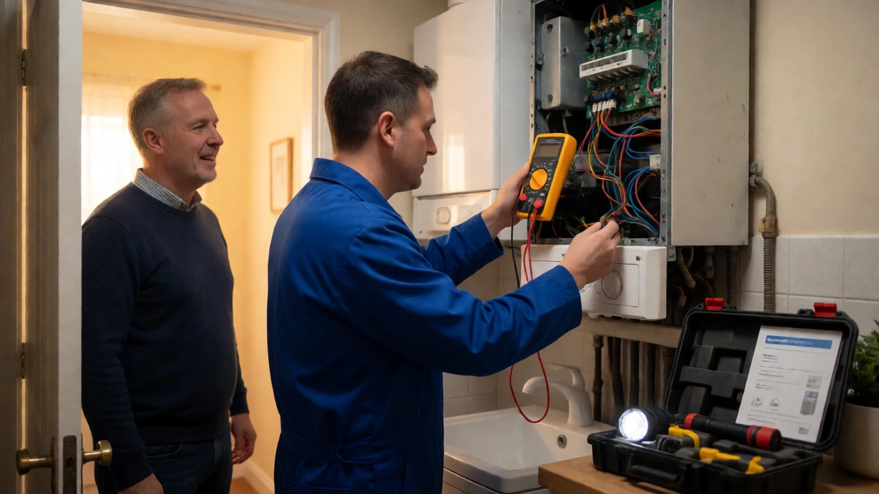 Gas Safe engineer inspecting boiler internals with multimeter
