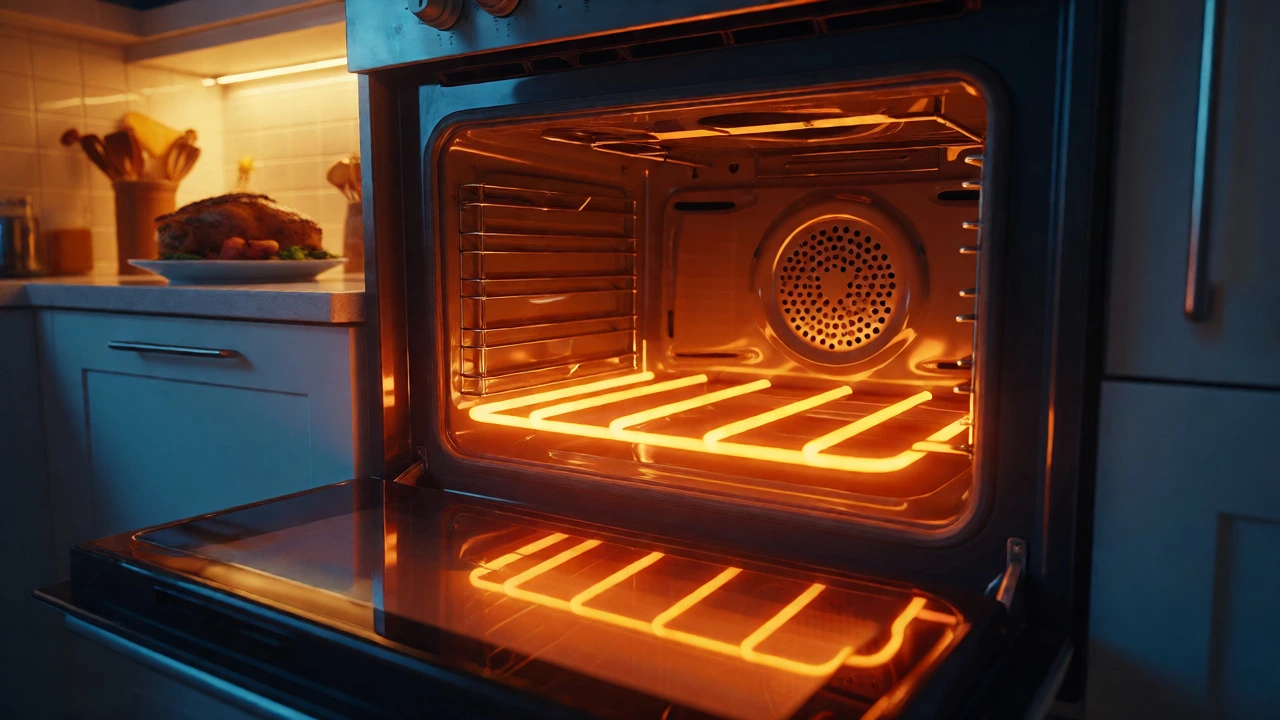 Glowing orange heating element inside a clean oven, ready for cooking.