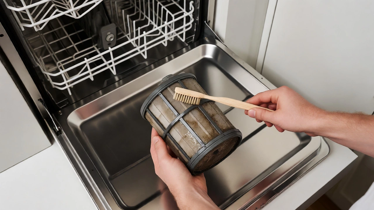 Hands scrubbing a dirty dishwasher filter with a toothbrush over a sink during a DIY repair.
