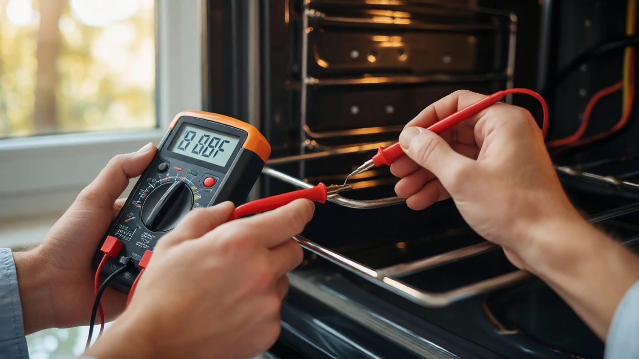 Hands using a multimeter to test the continuity of an oven heating element.