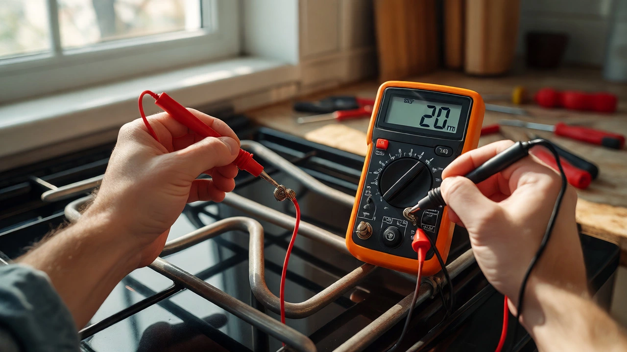 Hands using a multimeter to test the electrical continuity of a detached oven heating element.