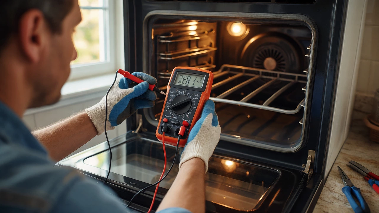 Homeowner using a multimeter to test the electrical continuity of a new oven element.