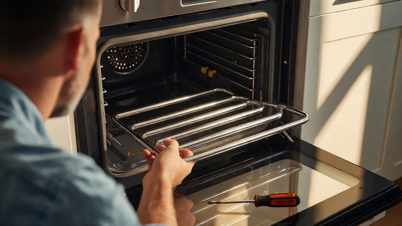 Installing a new shiny heating element into a clean electric oven cavity.