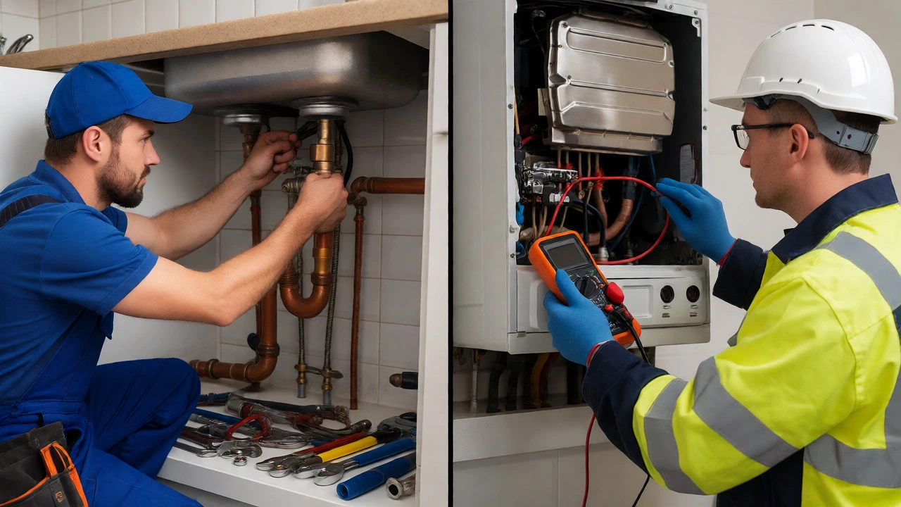 Plumber fixing pipes versus engineer servicing a gas boiler.
