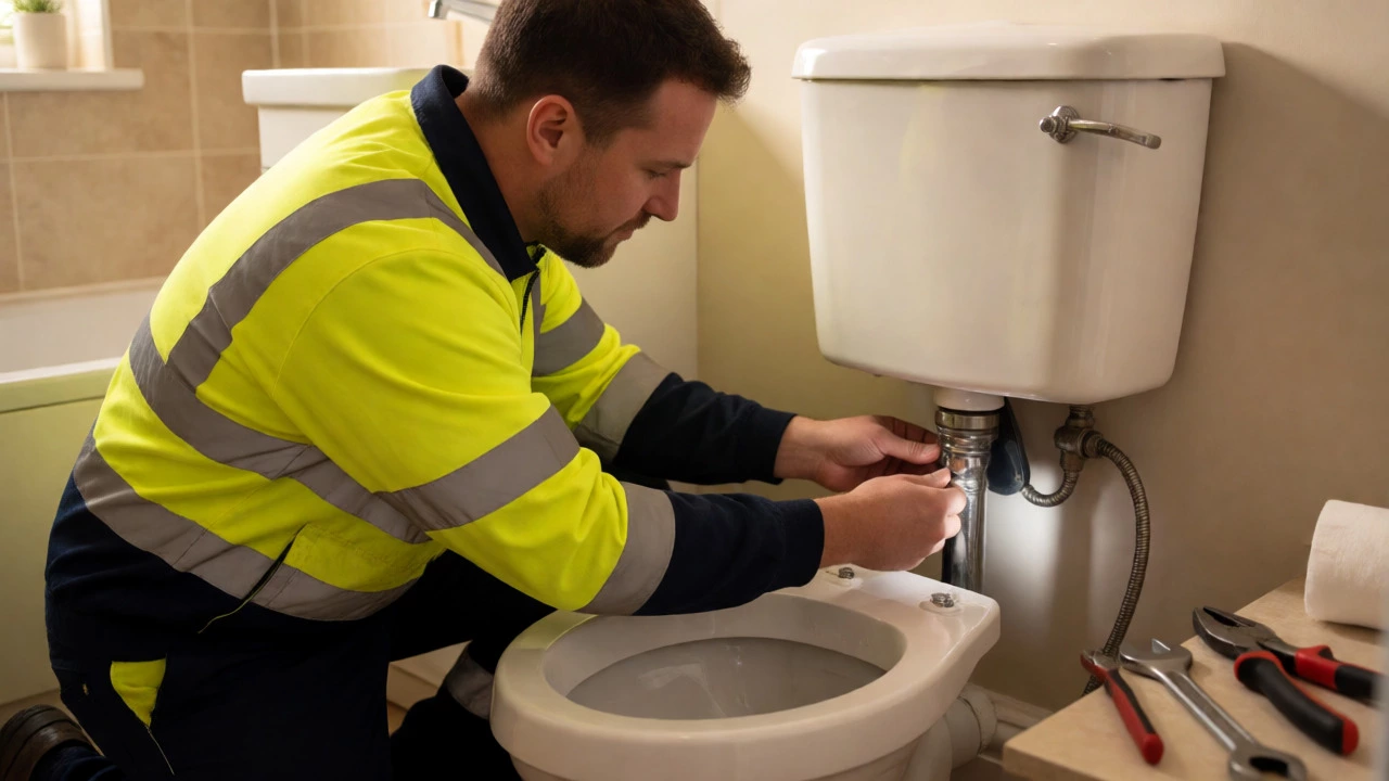 Plumber repairing internal toilet mechanism in a home bathroom