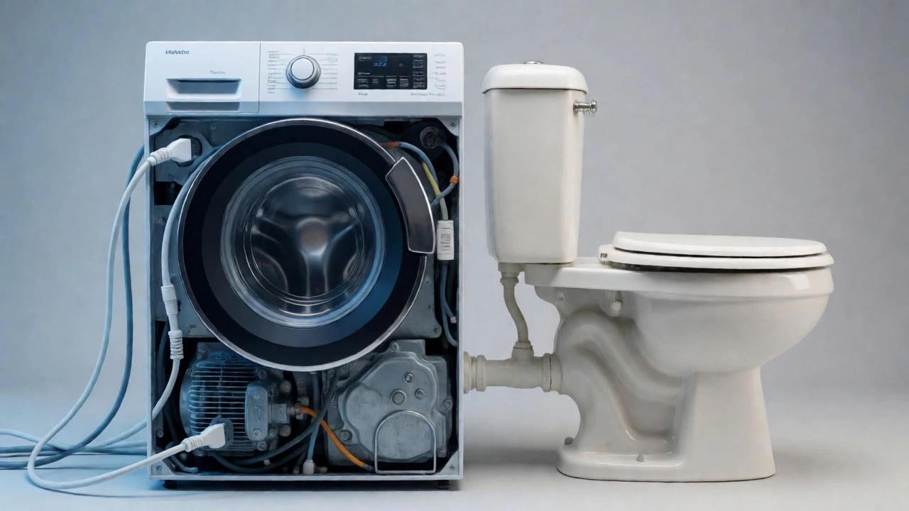 Side-by-side comparison of electric washing machine and non-electric toilet