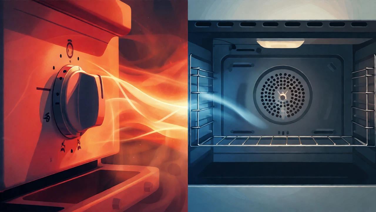 Split image showing an overheating oven due to thermostat failure versus a cold oven due to element failure.