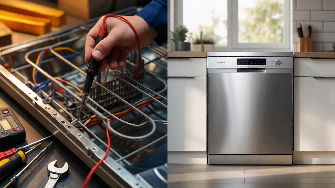Split view showing a technician repairing a dishwasher component next to a new appliance model.