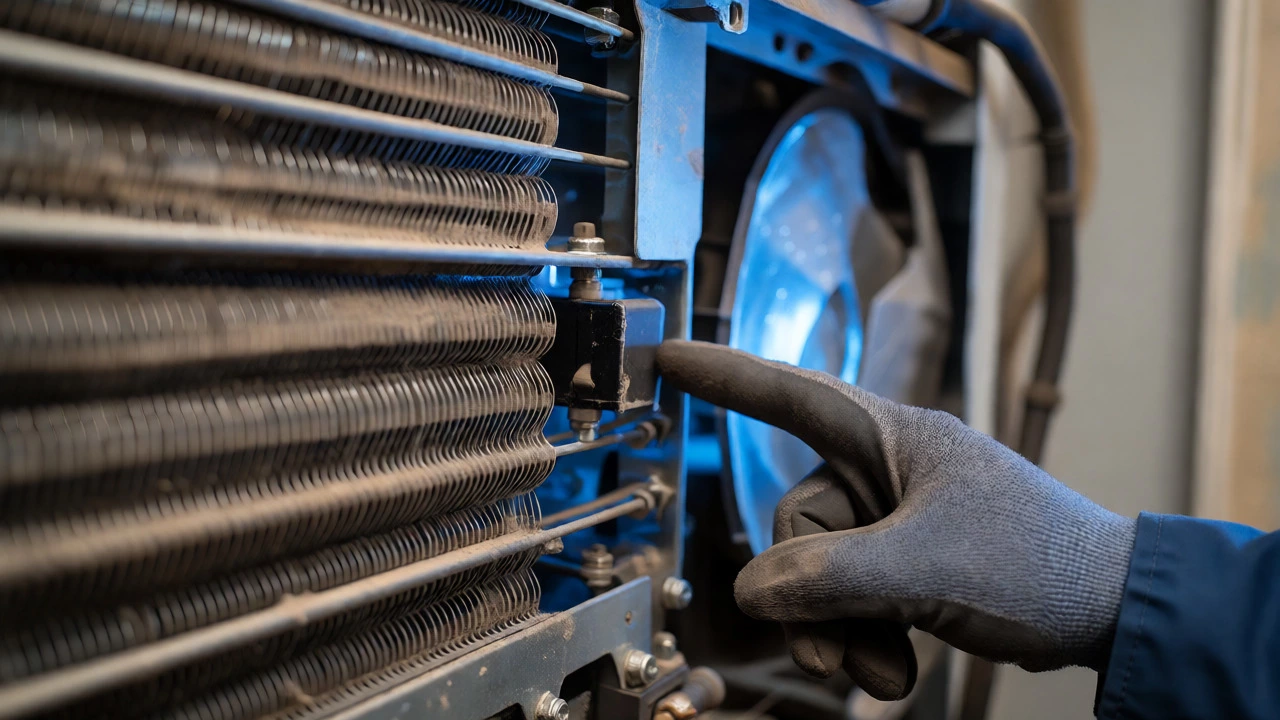 Technician inspecting dusty fridge condenser coils