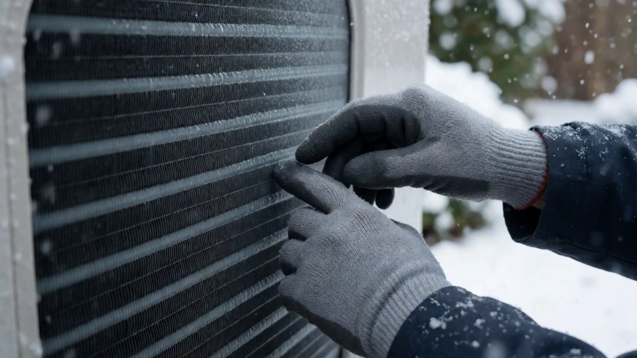 Technician inspecting ice buildup on outdoor heat pump coils
