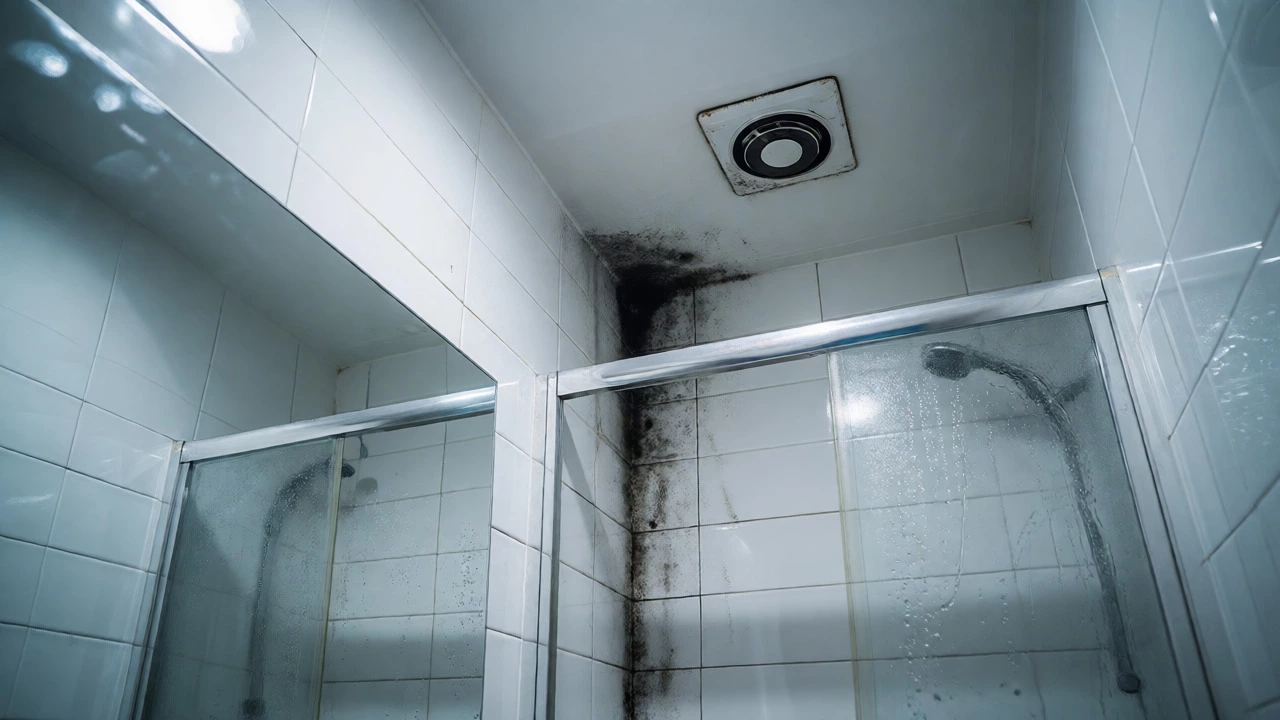 Bathroom wall with black mold and condensation due to poor extraction