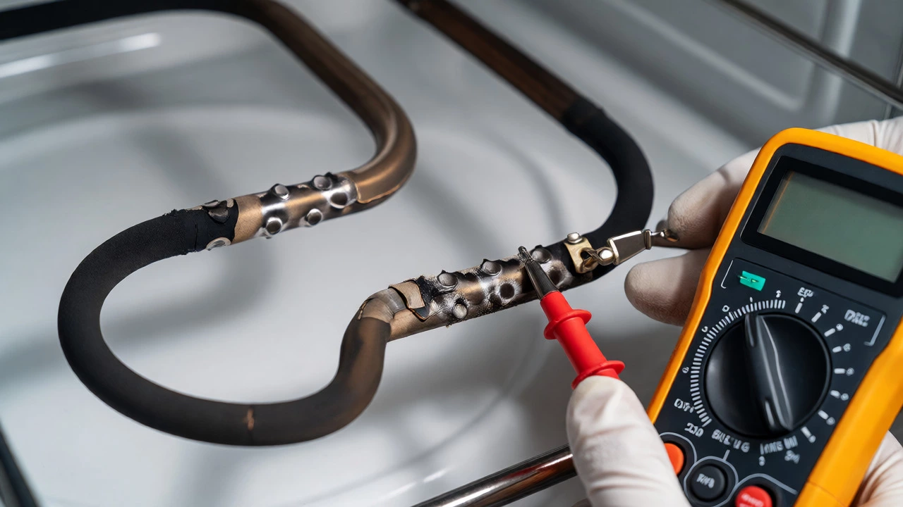 Close-up of a cracked oven heating element being tested