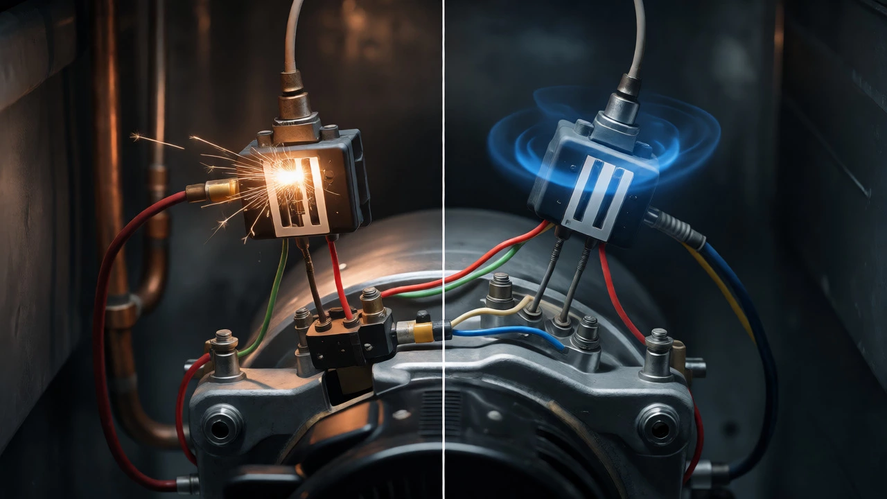 Close-up of a refrigerator compressor and start relay