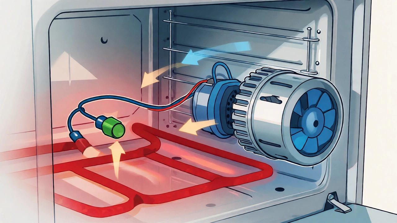 Cutaway diagram of oven thermostat, fuse, and fan motor