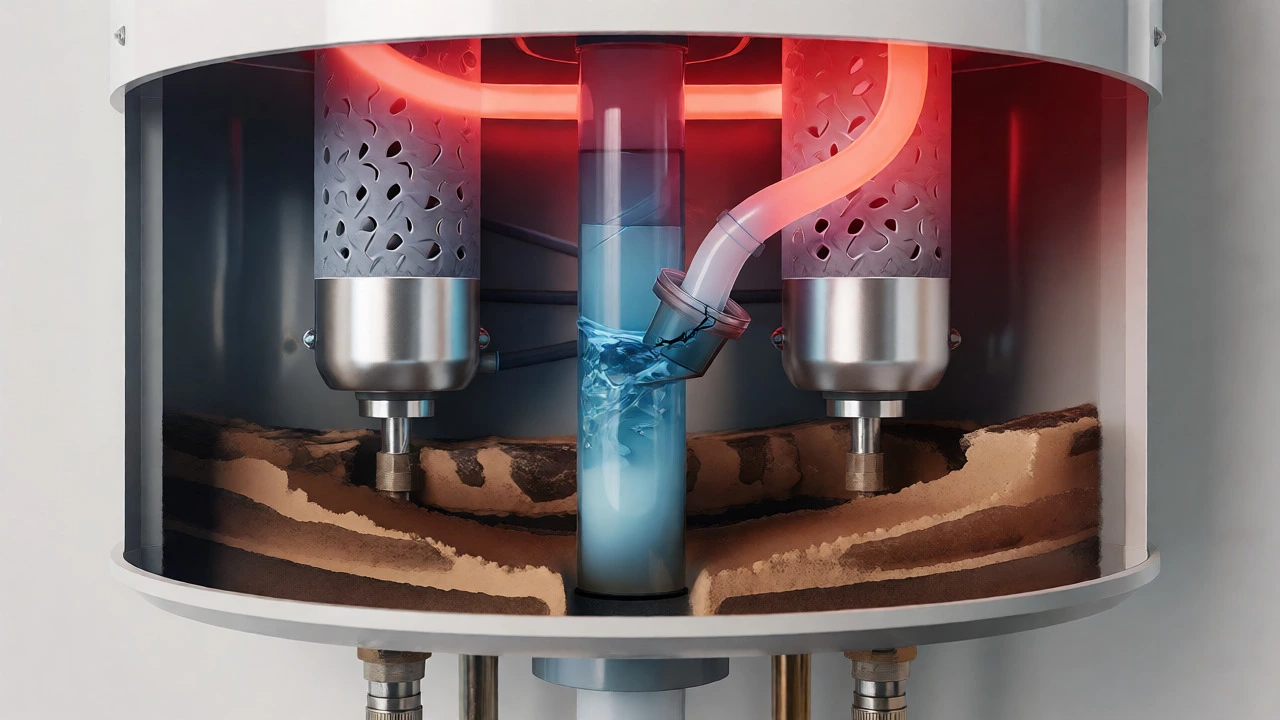 Cutaway of water heater with sediment and broken dip tube