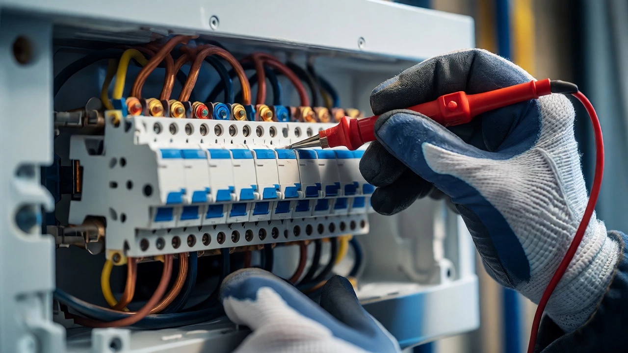 Electrician testing terminals with multimeter