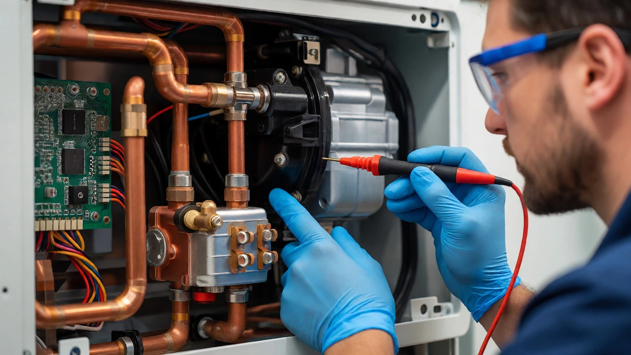 Engineer inspecting internal heat pump components