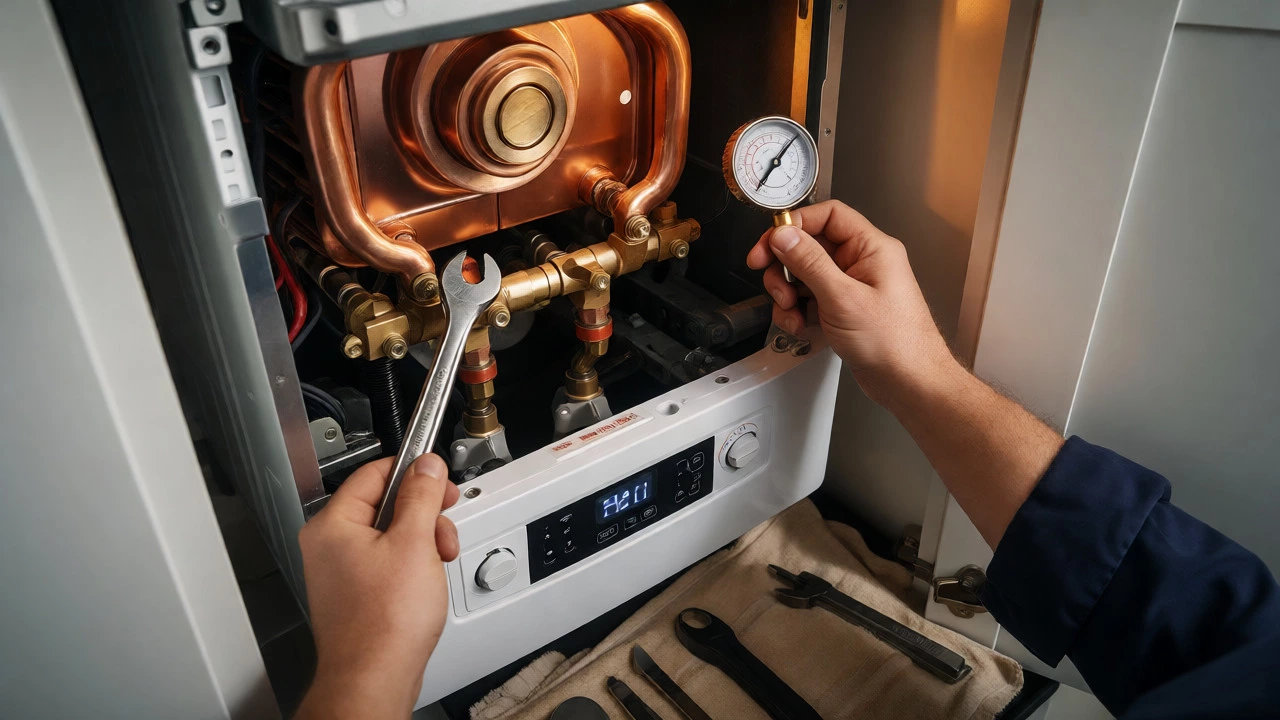 Engineer inspecting internal parts of a modern boiler