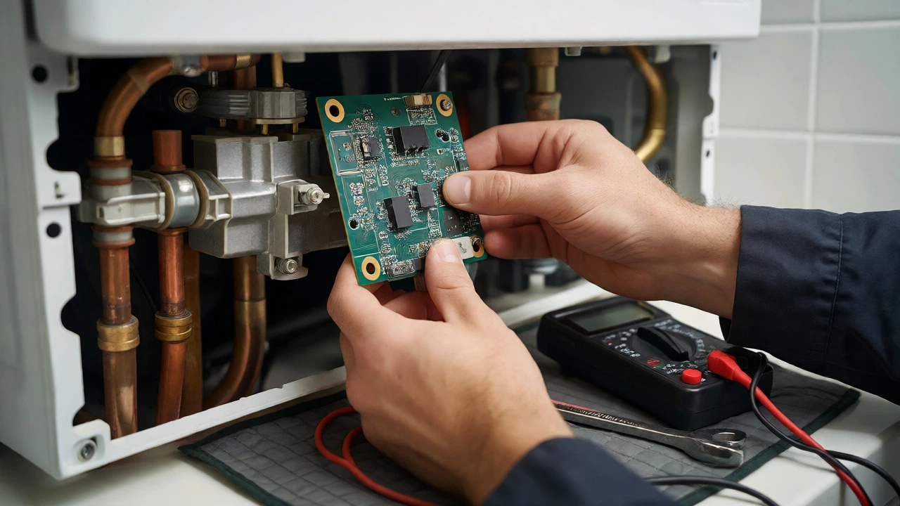 Engineer repairing internal boiler components like PCBs and valves